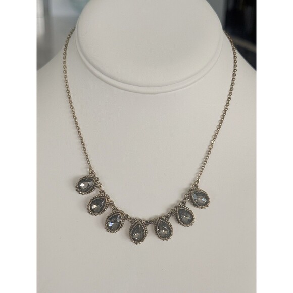 Smoky Gray Rhinestone Teardrop Bib Necklace Statement  Bronze Tone Chain Women - Picture 10 of 11